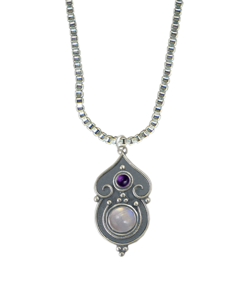 Sterling Silver Necklace Rainbow Moonstone And Amethyst
